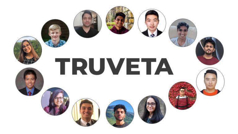 Collage of Truveta team members shown in circular portraits arranged around the Truveta logo.