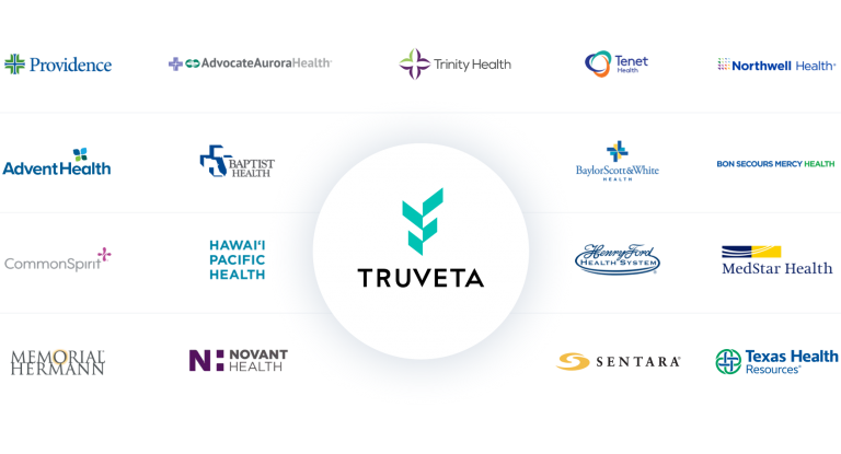 Truveta logo centered among partner health system logos, including Providence, Advocate Aurora Health, Trinity Health, Tenet Health, Northwell Health, AdventHealth, Baptist Health, Baylor Scott & White Health, Bon Secours Mercy Health, CommonSpirit, Hawai‘i Pacific Health, Henry Ford Health System, MedStar Health, Memorial Hermann, Novant Health, Sentara, and Texas Health Resources.