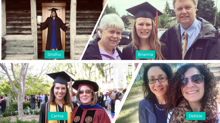 Four graduation-themed photos show different women in caps and gowns posing with loved ones or outdoors, each labeled with their first name for identification.