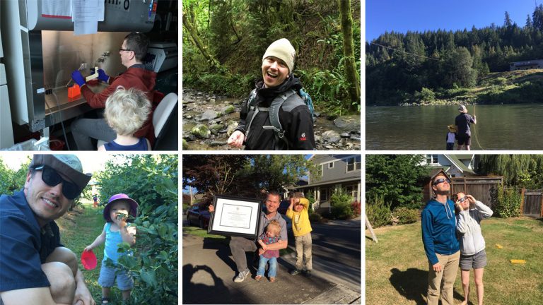 A collage of family moments including lab work, hiking, fishing, berry picking, celebrating an achievement, and watching the sky outdoors in a sunny yard.