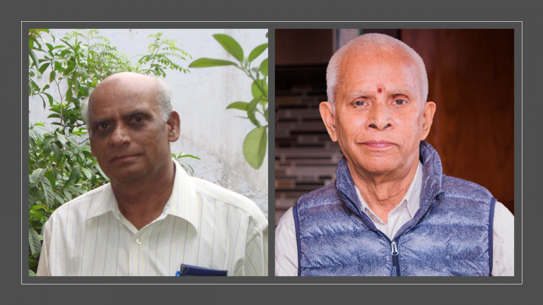 Two portrait photos side by side: on the left, an older man outdoors near green plants; on the right, a different older man indoors with warm lighting.