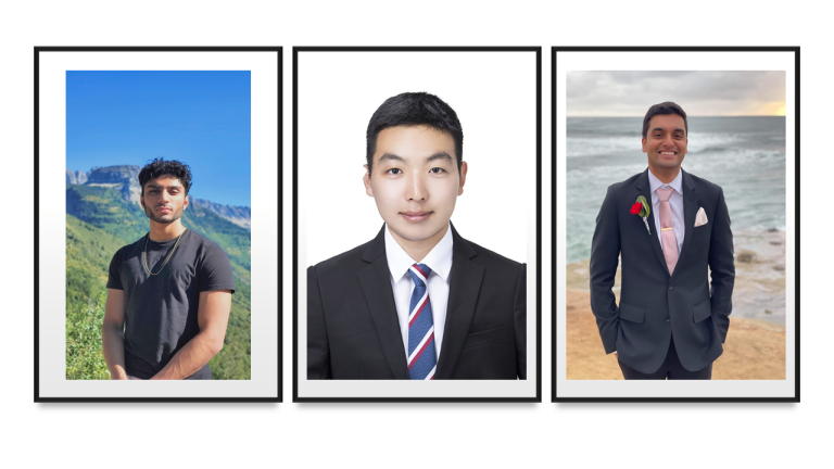 Three portrait photos side by side showing young men in different settings: one outdoors in mountains, one in a studio suit headshot, and one dressed formally by the ocean.
