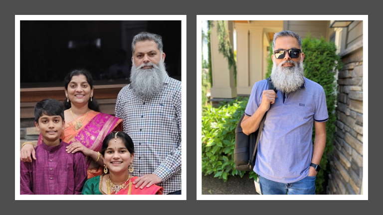 A collage showing a bearded man with his smiling family in festive clothing on the left, and the same man outdoors on the right wearing sunglasses and carrying a backpack.