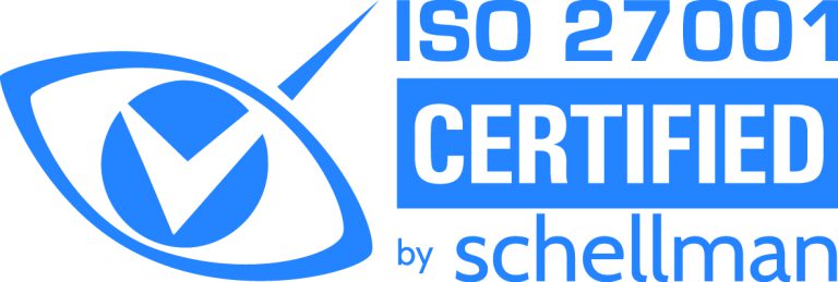 ISO 27001 certified badge featuring a bold blue checkmark inside an eye-shaped logo, with the words “ISO 27001 CERTIFIED by Schellman” displayed beside it.
