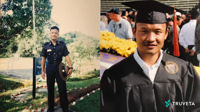 Side-by-side photos showing a person in a uniform on the left and wearing graduation attire at a ceremony on the right.