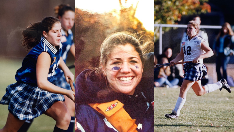 Three-panel collage showing a field hockey player in action, including running with a stick and a smiling close-up.