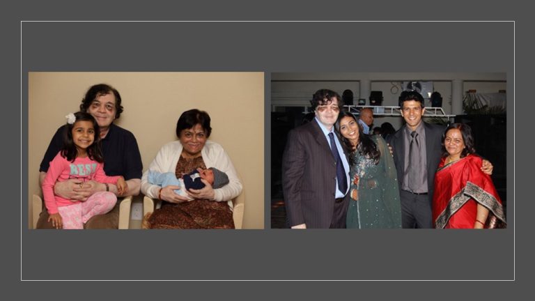 Two family photos side by side show grandparents with young children and adults smiling together at an indoor celebration.