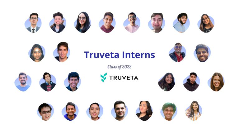 Graphic featuring headshots of multiple people arranged around the title Truveta Interns, Class of 2022, with the Truveta logo.