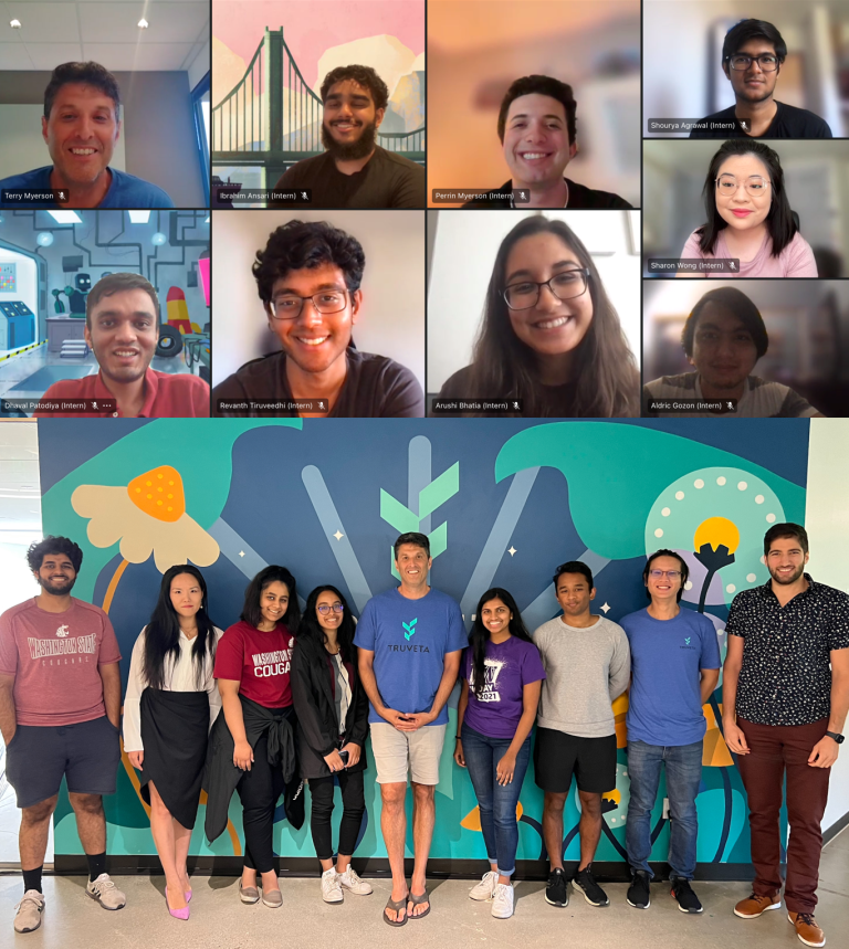 Collage showing Truveta interns and leaders in a video call grid above a group photo standing together at the Truveta office.