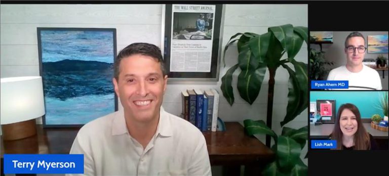 Three Truveta employees participating in a virtual panel discussion, shown in a video call layout with one main speaker and two colleagues in side panels.