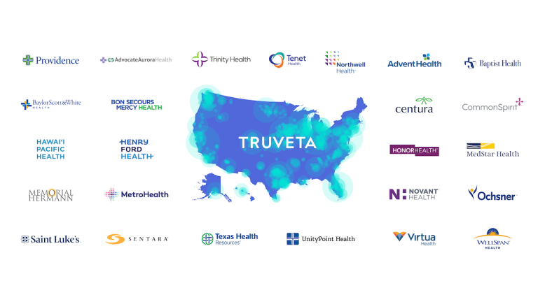 Map of the United States labeled Truveta, surrounded by logos of partner health systems contributing nationwide clinical data.
