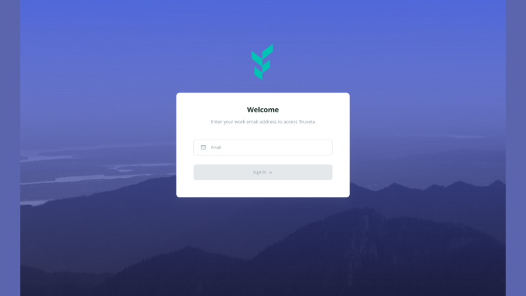 Truveta login screen with company logo above a centered sign-in card prompting users to enter a work email address, set against a blue gradient mountain landscape background.