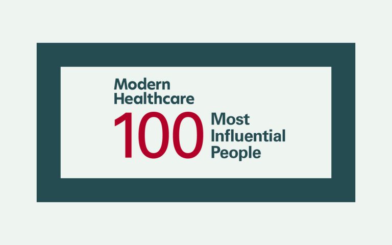 Graphic reading Modern Healthcare 100 Most Influential People, featuring a large red 100 with gray text inside a dark teal rectangular frame.