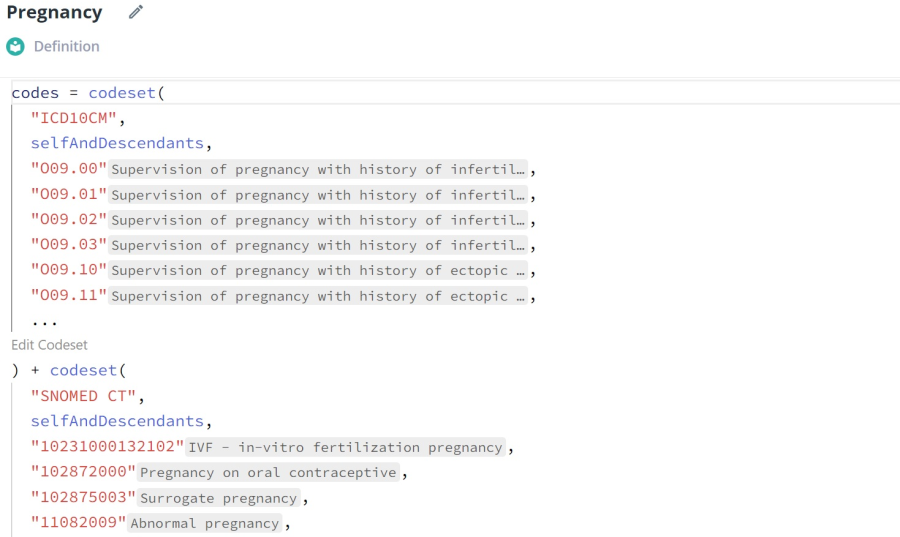 A section the pregnancy data definition with ICD10 and SNOMED codes