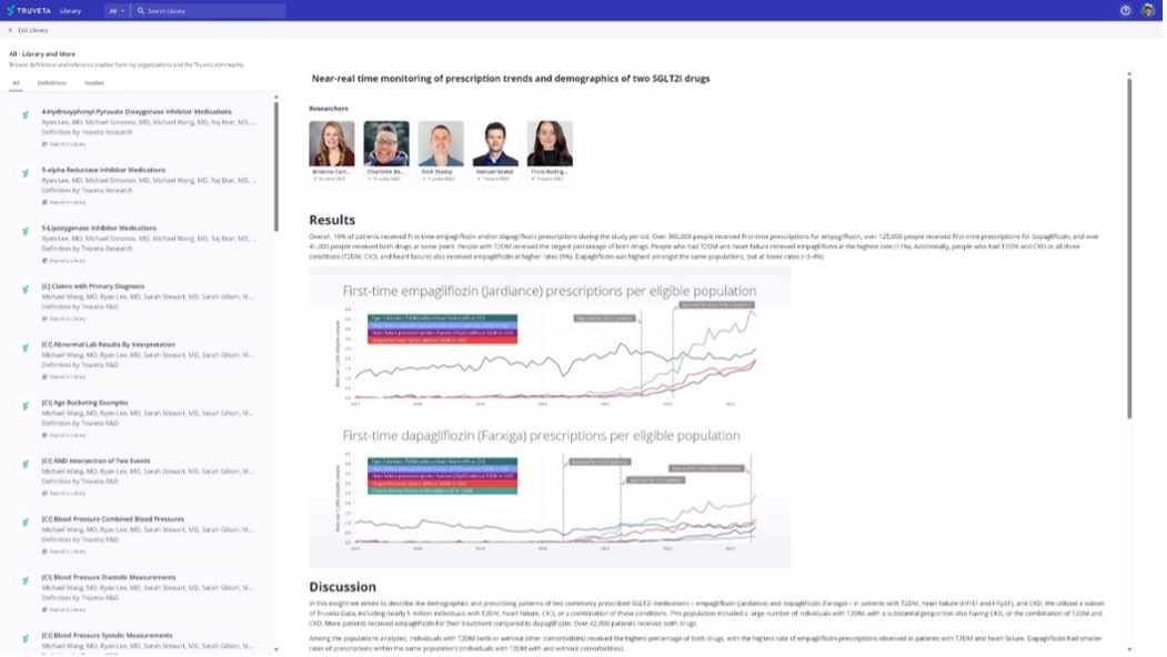 Screenshot from Truveta Studio showing a study on real-time monitoring of prescription trends and demographics of two SGLT2i drugs using real-world data from EHRs