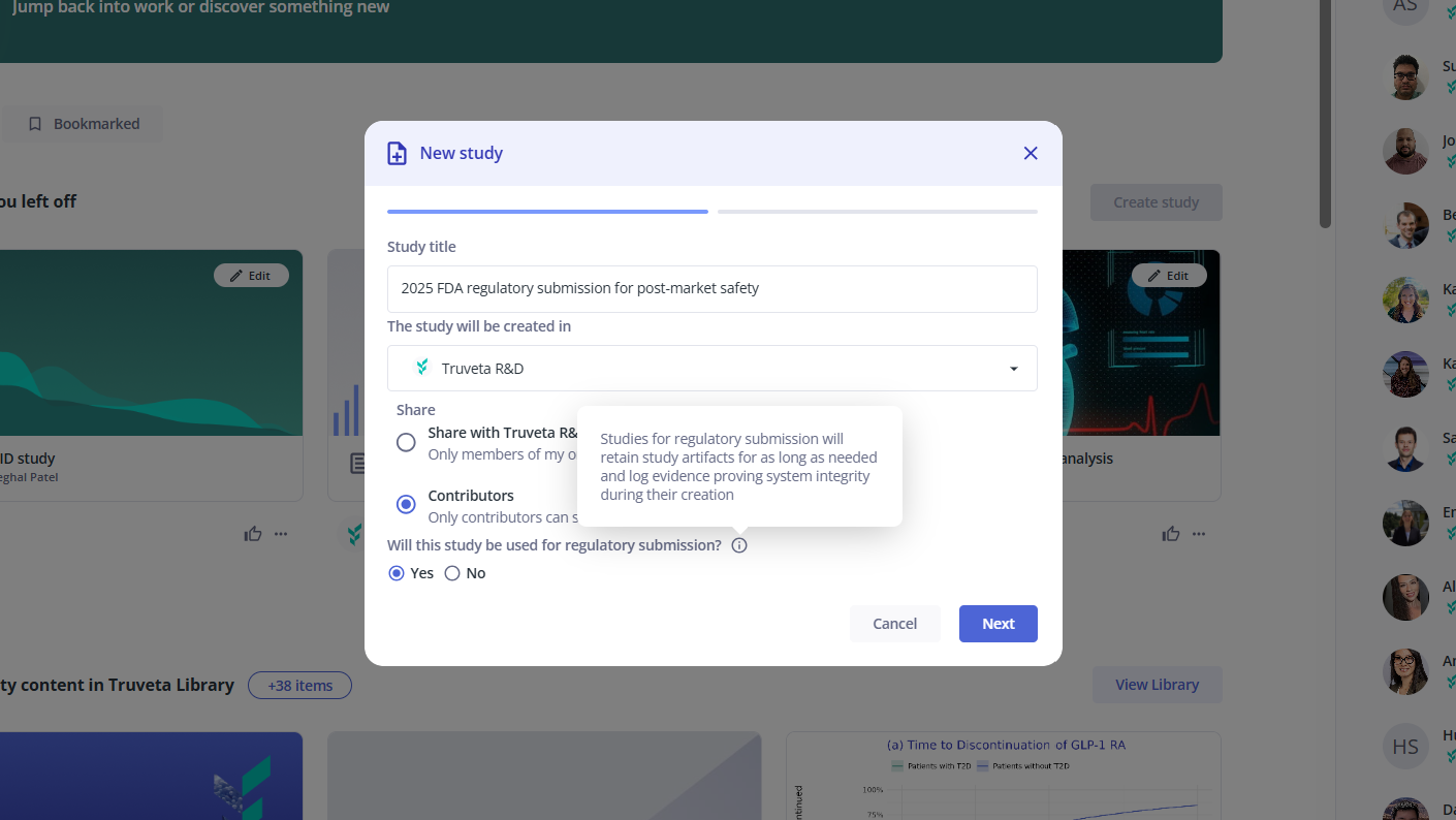 Regulatory Study creation dialog