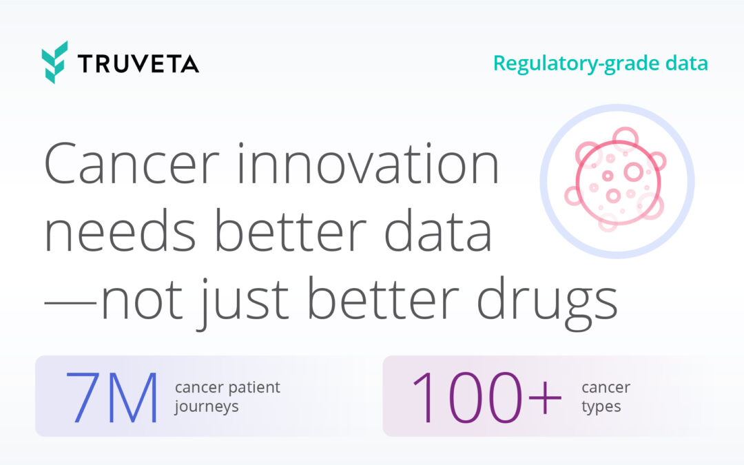 Truveta banner featuring the phrase 'Cancer innovation needs better data — not just better drugs' alongside an illustrated icon of a cancer cell. The banner highlights '7M cancer patient journeys' and '100+ cancer types' under the theme of 'Regulatory-grade data'