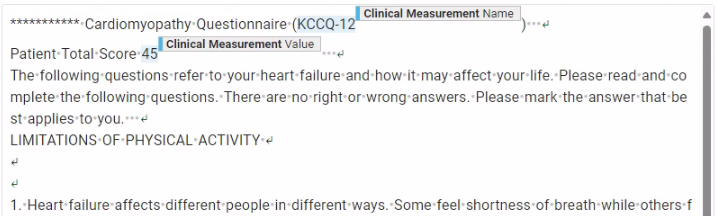 fig 33 Fig. 3. For a recent study of heart failure, we extracted cardiomyopathy questionnaire (KCCQ) score data. An example of how the score was typically reported in clinical notes.