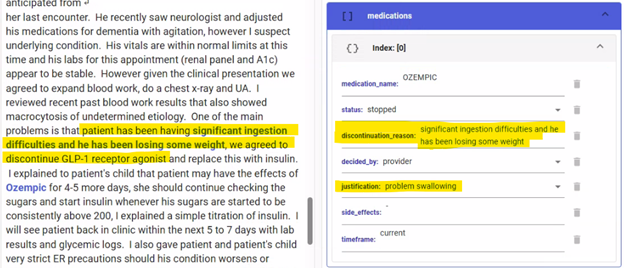 fig6 Fig. 6. An example of an incorrectly extracted discontinuation reason. Here, the reason for discontinuing the injectable GLP-1 medication was extracted as “problem swallowing”. After identifying this error, we sampled and annotated additional training data to improve model performance.