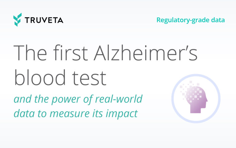 "Truveta blog thumbnail titled 'The first Alzheimer’s blood test and the power of real-world data to measure its impact,' featuring the Truveta logo, a brain icon, and the phrase 'Regulatory-grade data.'"
