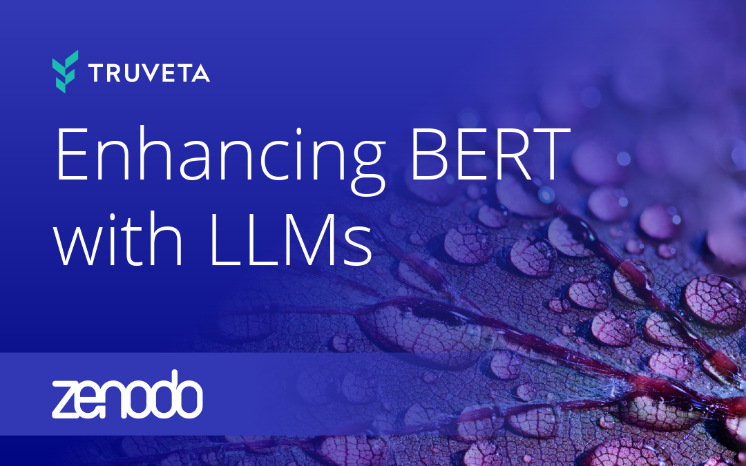 Truveta machine learning research graphic on enhancing BERT models with large language models for healthcare data applications, published on Zenodo