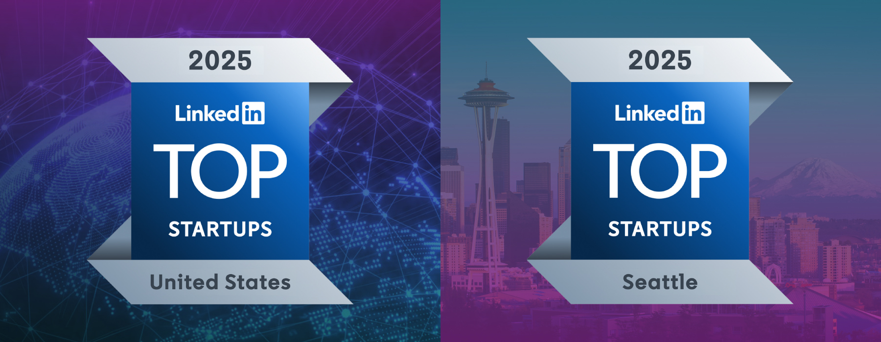 Linkedin-Top-Startups-2025-Hero Two logo graphics with one highlighting the 2025 LinkedIn Top Startups in the United States where Truveta ranked #43 and the other the 2025 LinkedIn Startups in Seattle where Truveta ranked #1