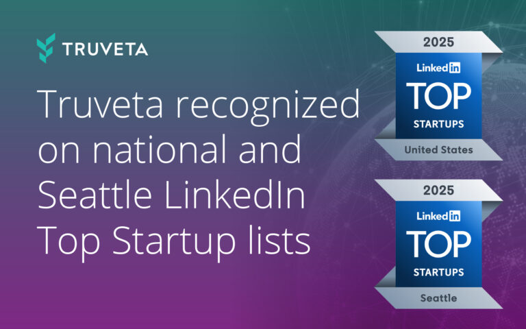 Two logo graphics with one highlighting the 2025 LinkedIn Top Startups in the United States where Truveta ranked #43 and the other the 2025 LinkedIn Startups in Seattle where Truveta ranked #1