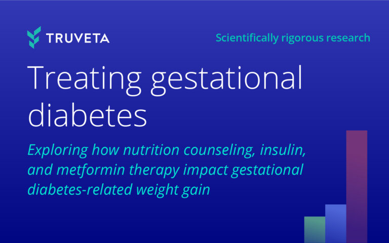 Text image description of impact of treating gestational diabetes on weight gain using EHR and claims data. Text image includes barchart graph from the research study in background