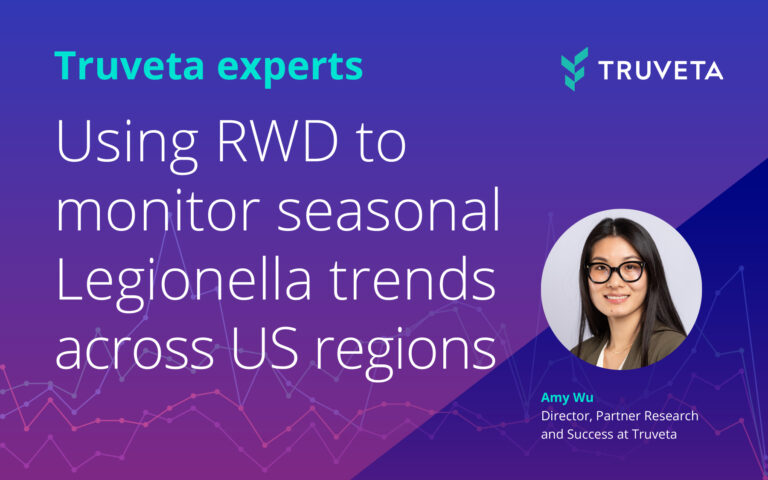 Truveta experts graphic featuring Amy Wu, Director of Partner Research and Success at Truveta, with headline text: ‘Using real-world data (RWD) to monitor seasonal Legionella trends across U.S. regions.’ The background shows a purple-to-blue gradient with faint line graphs representing data trends