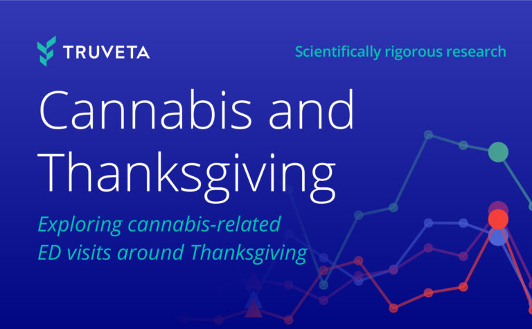 Thumbnail banner showing the Truveta logo and the headline ‘Cannabis and Thanksgiving’ with the subtitle ‘Exploring cannabis-related ED visits around Thanksgiving,’ over a blue background with stylized line-graph visuals.