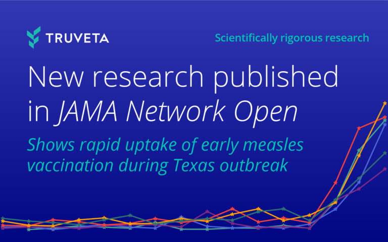Press release graphic for JAMA Network Open publication titled “New research published in JAMA Network Open shows rapid uptake of early measles vaccination during Texas outbreak” with "scientifically rigorous" in the top right corner, Truveta branding, and a blue background.