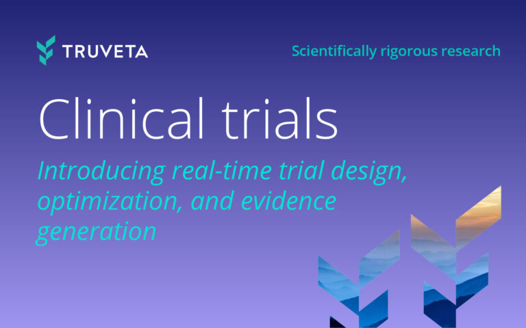 Thumbnail image for Truveta clinical trials content, featuring a gradient background with the headline ‘Clinical trials’ and messaging about real-time trial design, optimization, and evidence generation.