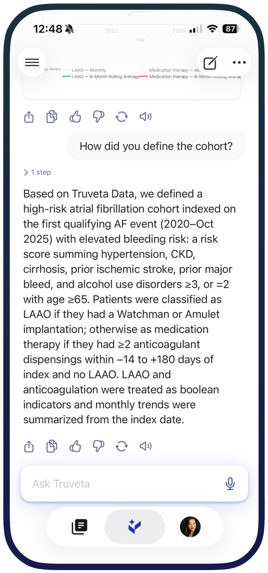 Truveta Intelligence interface showing cohort definition and methodology transparency for real-world data analysis
