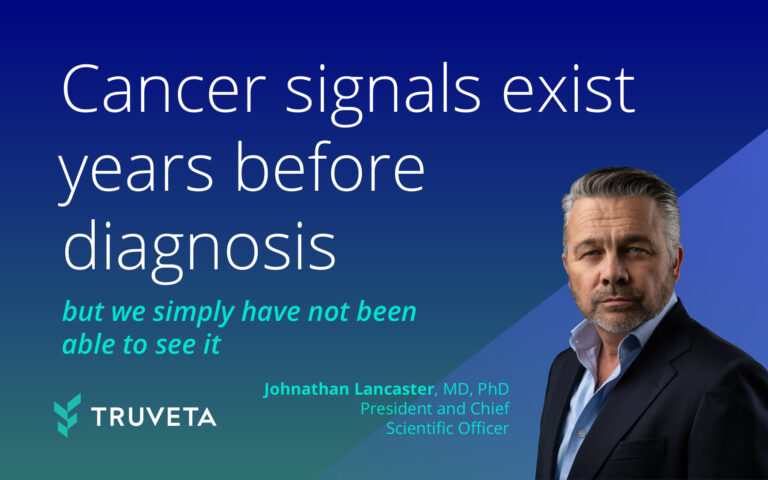 Jonathan Lancaster, MD, PhD of Truveta alongside text stating “Cancer signals exist years before diagnosis, but we have not been able to see it,” highlighting AI and real-world data in early pancreatic cancer detection.