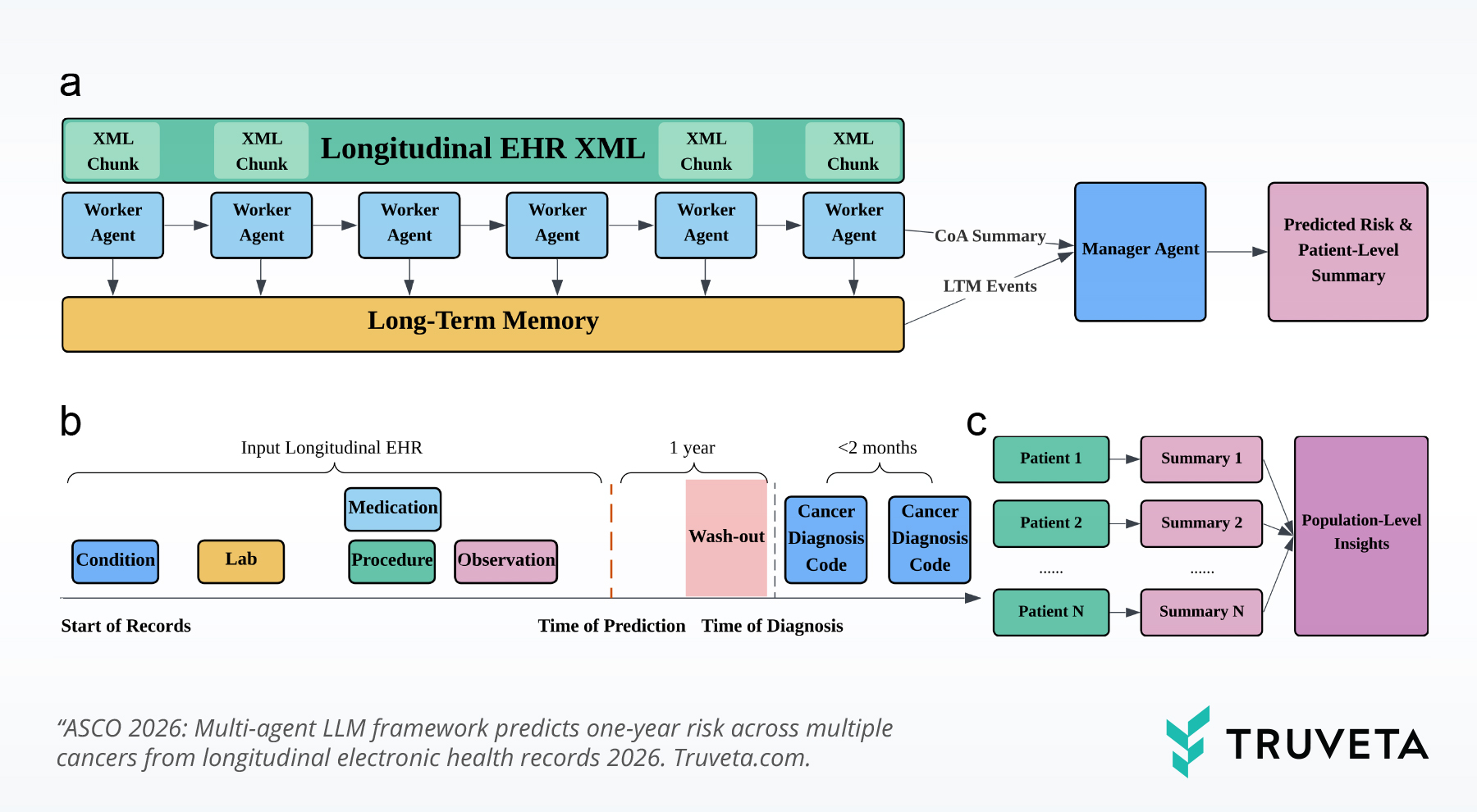 Diagram of a multi-agent framework for analyzing longitudinal EHR data. Panel a shows longitudinal EHR XML chunks processed by multiple worker agents and stored in long-term memory, which feed a manager agent that produces predicted risk and patient-level summary output. Panel b shows input EHR data elements, a one-year washout period, and the timing of prediction and cancer diagnosis. Panel c shows individual patient summaries combined into population-level insights.