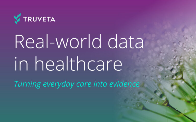 Truveta graphic promoting real-world healthcare data and evidence generation, featuring a dew-covered dandelion image.