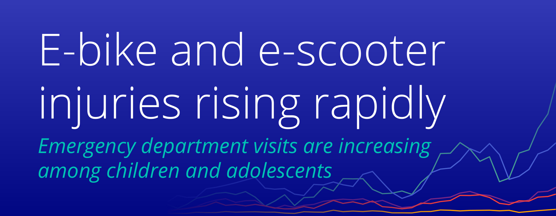 E-bike-and-e-scooter-injuries-hero Hero banner for Truveta research on e-bike and e-scooter injuries featuring the headline "E-bike and e-scooter injuries rising rapidly" and the subtitle "Emergency department visits are increasing among children and adolescents," with a stylized background illustrating rising injury trends over time.